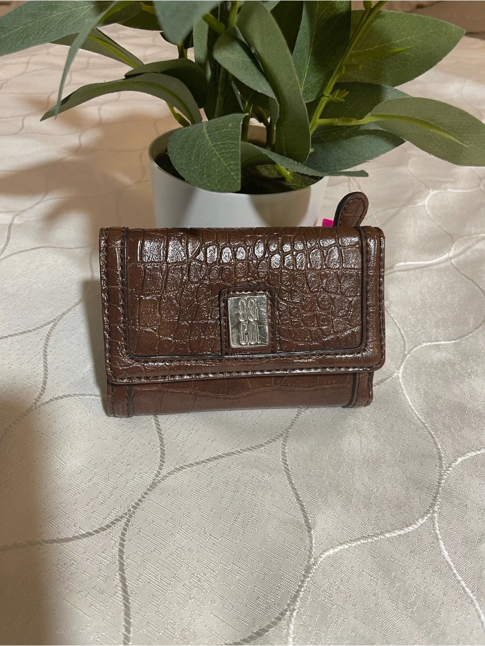 9 & Co Brown Croc-Embossed Leather Wallet with Metal Logo